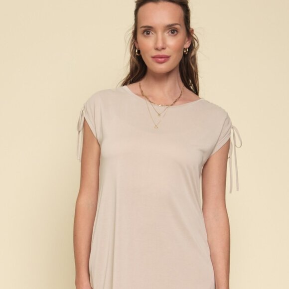 MYSTREE Beige Short Sleeve Tie Shoulder Dress, Soft Knit Casual T-Shirt Dress - Picture 2 of 5